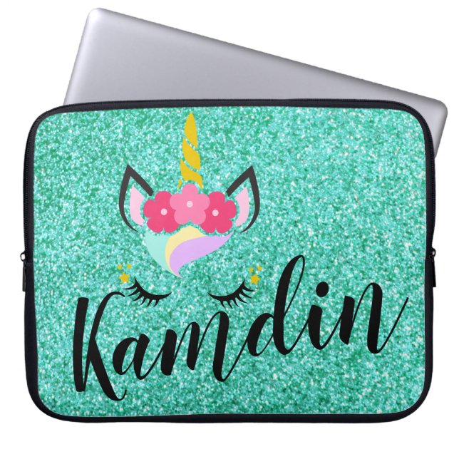 Personalised Unicorn Teal Glitter Laptop Case (Front)