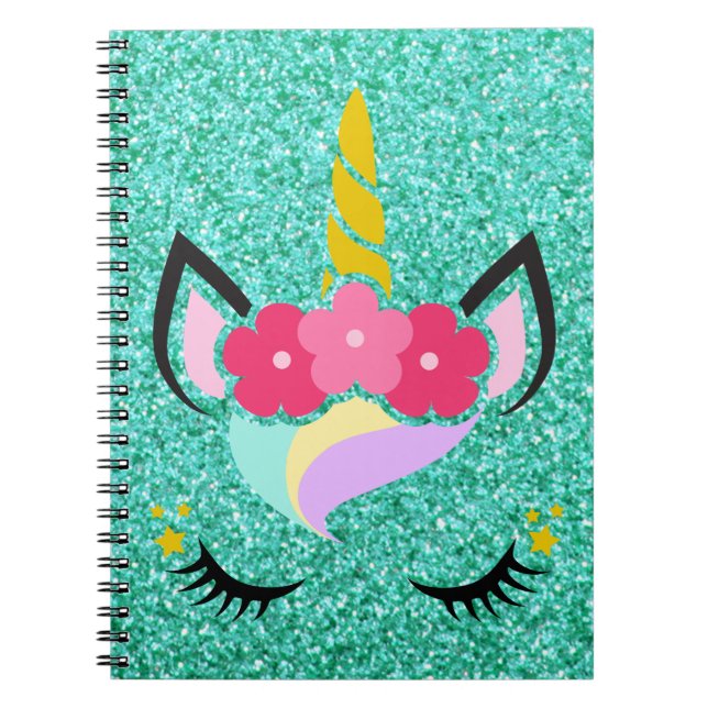 Personalised Unicorn Teal Glitter Note Book (Front)
