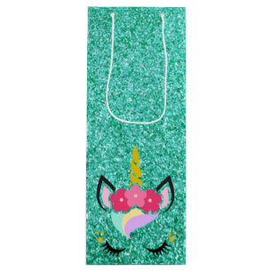 Personalised Unicorn Teal Glitter Wine Gift Bag