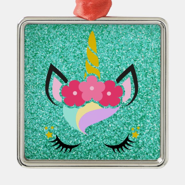 Personalised Unicorn Teal Glitter XMAS Ornament (Front)