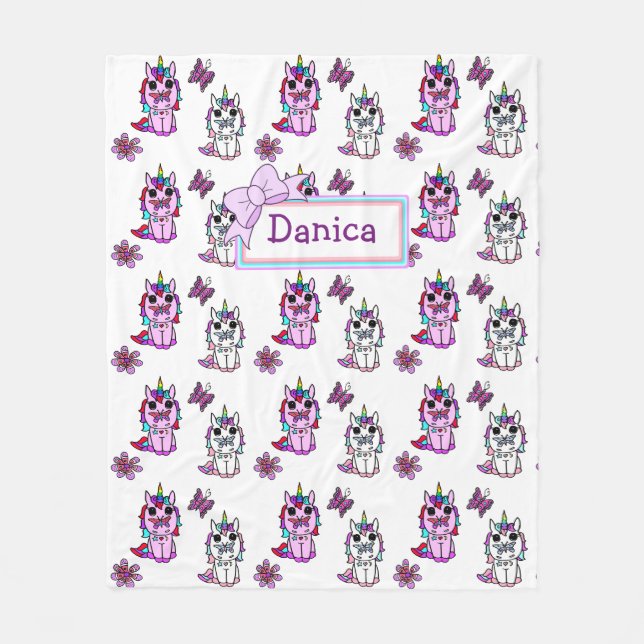 Personalised Unicorn  with Bow Purple Fleece Blanket (Front)