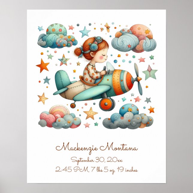 Personalised Unique Nursery Art Child Flying Plane Poster (Front)