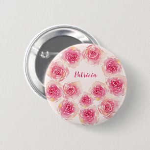 Personalised Unique Watercolor Pink 12 Roses 6 Cm Round Badge