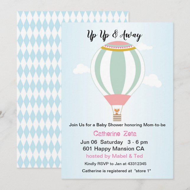 Personalised Up Up Hot Air Balloon Baby Shower Invitation (Front/Back)