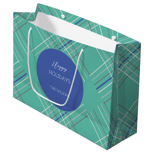 Personalised Urban Green Blue Tartan Large Gift Bag (Front Angled)