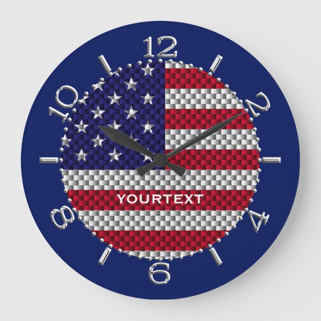 Personalised US Flag on Carbon Fibre Like Print Large Clock (Front)