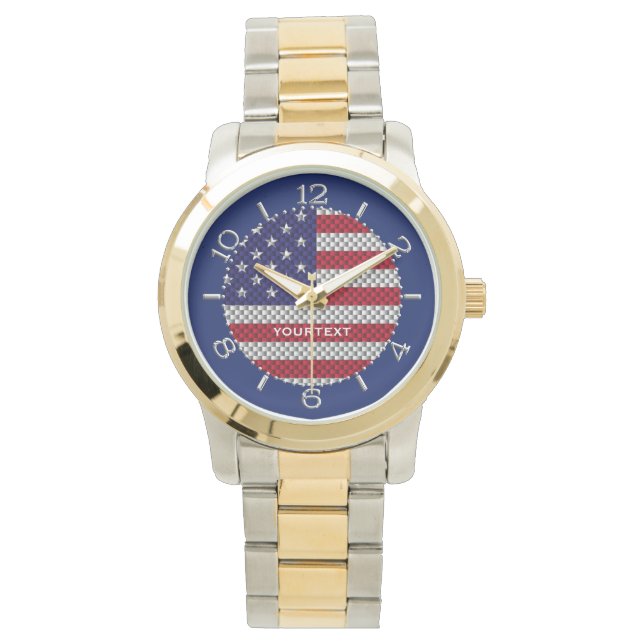 Personalised US Flag on Carbon Fibre Like Print Watch (Front)