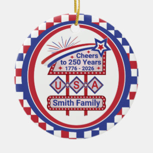 Personalised USA 250–Patriotic Retro Marquee Ceramic Ornament