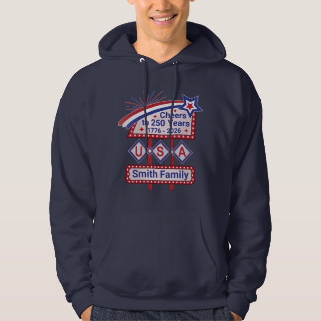 Personalised USA 250–Patriotic Retro Marquee Hoodie (Front)
