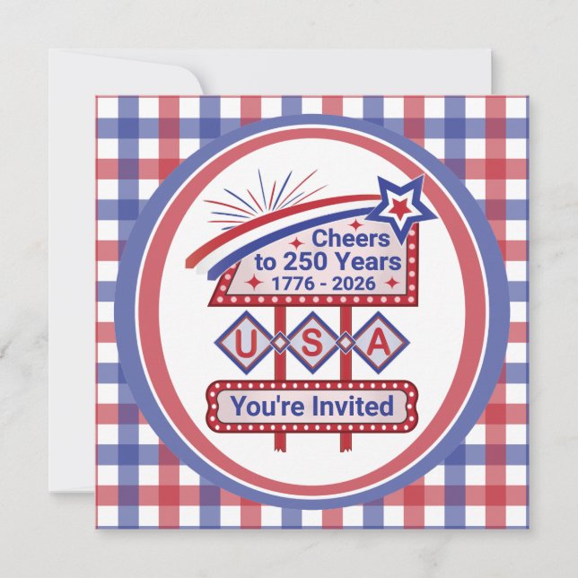 Personalised USA 250–Patriotic Retro Marquee Invitation (Front)