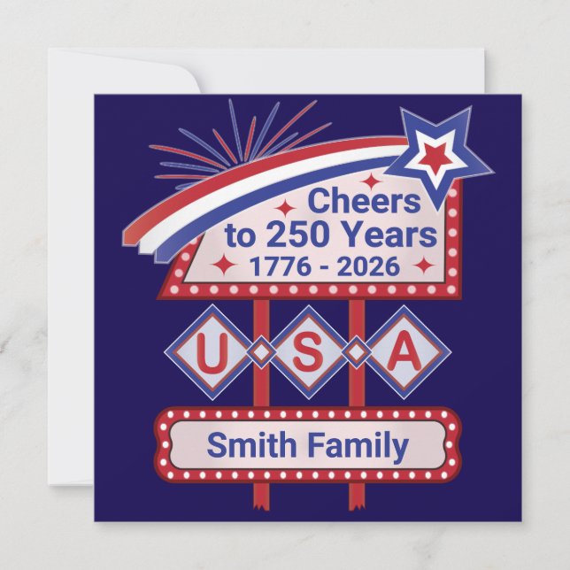 Personalised USA 250–Patriotic Retro Marquee Invitation (Front)