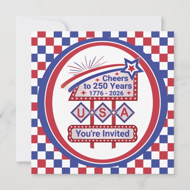Personalised USA 250–Patriotic Retro Marquee Invitation (Front)
