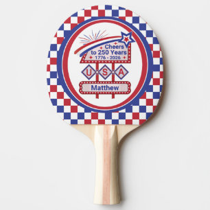 Personalised USA 250–Patriotic Retro Marquee Ping Pong Paddle