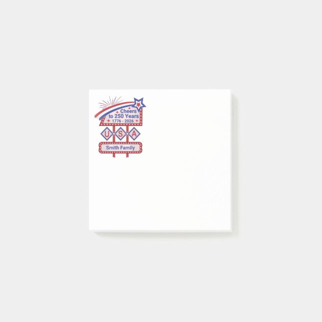 Personalised USA 250–Patriotic Retro Marquee Post-it Notes (Front)
