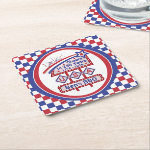 Personalised USA 250–Patriotic Retro Marquee Square Paper Coaster