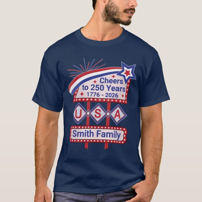 Personalised USA 250–Patriotic Retro Marquee T-Shirt (Front)