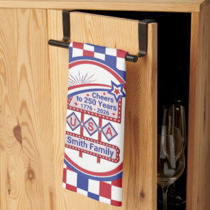 Personalised USA 250–Patriotic Retro Marquee Tea Towel
