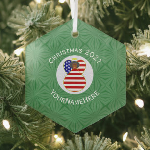 Personalised USA Black Angel Christmas Flag Glass Tree Decoration