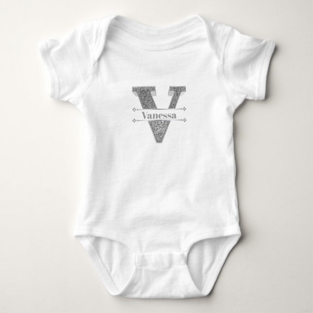 Personalised V Initial Silver Monogram Your Name Baby Bodysuit (Front)