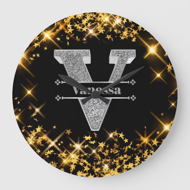 Personalised V Initial Silver Monogram Your Name Large Clock (Front)