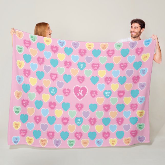 Personalised Valentine Candy Hearts Pink Fleece Blanket (In Situ)