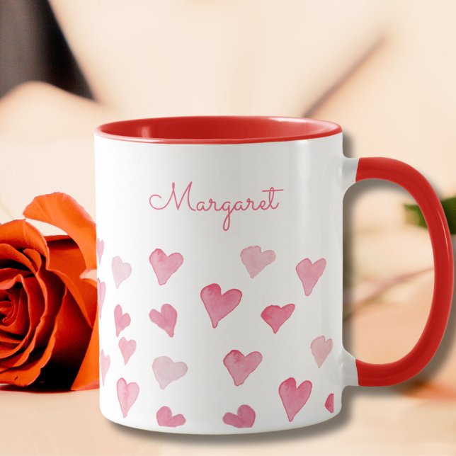 Personalised Valentine Hand-Drawn Watercolor Heart Mug (These soft personalized watercolor hearts lend a touch of romance to morning coffee and tea.)
