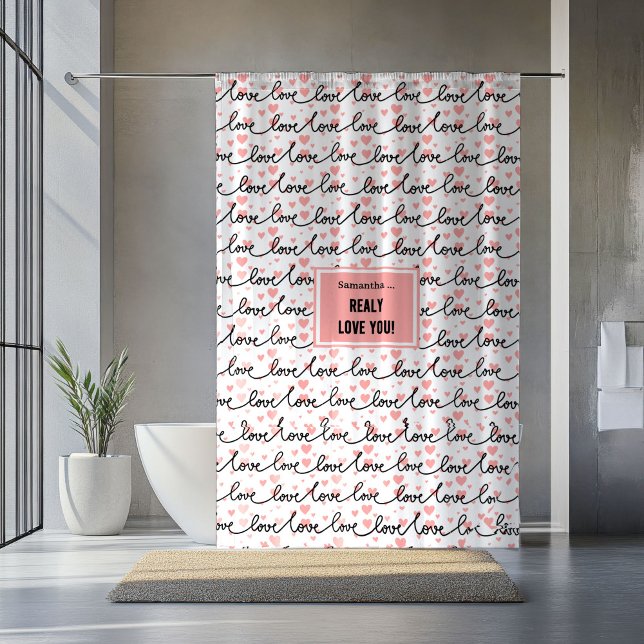 Personalised Valentine Shower Curtain Pink Black   (Personalized Wedding Shower Curtain Pink Black Hearts)