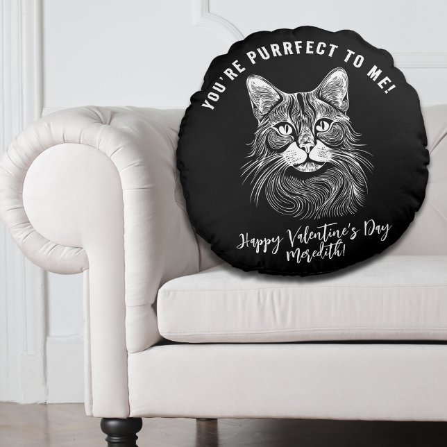 personalised Valentines black&white purrfect cat  Round Cushion (Creator Uploaded)