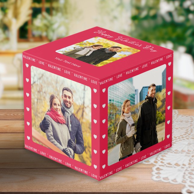 Personalised Valentine's Day Gift Red Multi Photo Cube (A red cube for display of 5 favorite photos, with Happy Valentine's Day message and custom message)