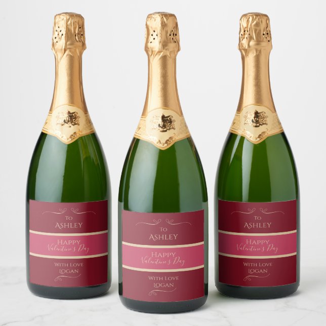 Personalised Valentines Day Name Elegant Burgundy Sparkling Wine Label (Bottles)