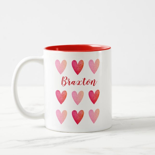 Personalised Valentines Day Pink Red Hearts Two-Tone Coffee Mug (Left)
