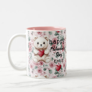 Personalised Valentine's Day Teddy Bear & Roses Two-Tone Coffee Mug
