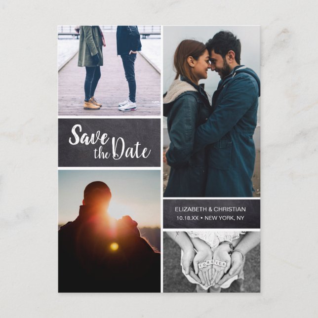 Personalised, Vertical Save the Date Photo Collage Announcement Postcard (Front)