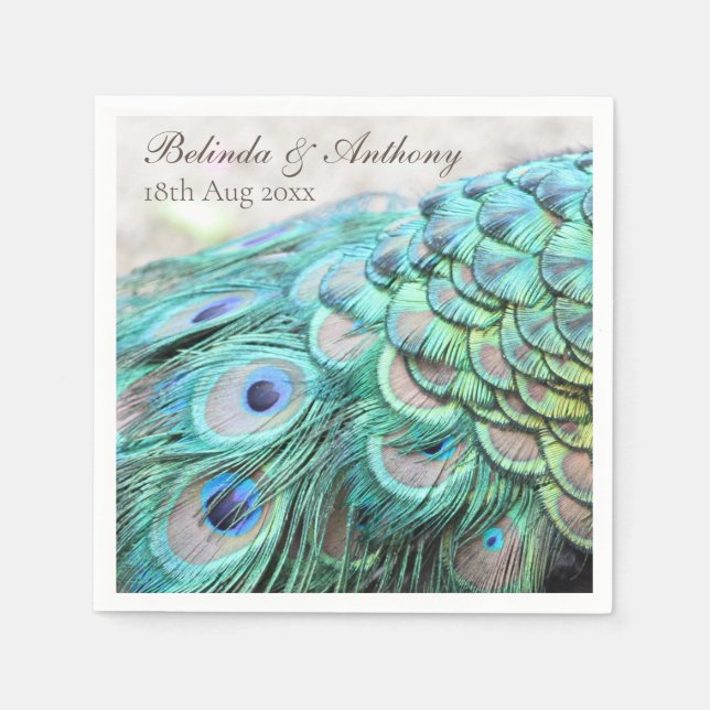 Personalised Vibrant Elegant Teal Peacock Feathers Napkin (Front)