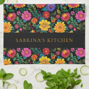 Personalised Vibrant Floral Pattern Dark Tea Towel
