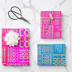 Personalised Vibrant Hot Pink, Blue "LOVE" Couple Wrapping Paper Sheet