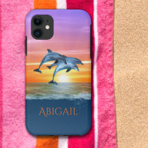 Personalised Vibrant Sunset Dolphins Jumping Ocean
