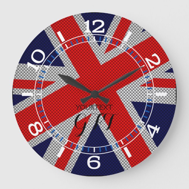 Personalised Vibrant Union Jack on Carbon Style Large Clock (Front)