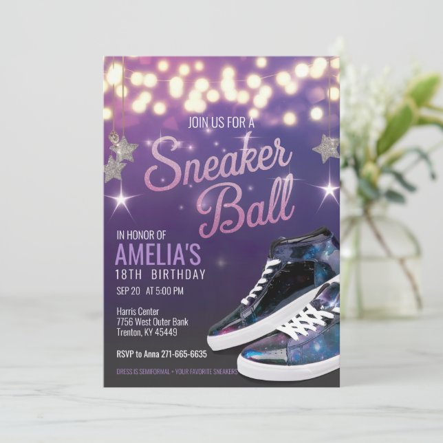 Personalised Vibrant Violet Sneaker Ball Birthday Invitation (Standing Front)