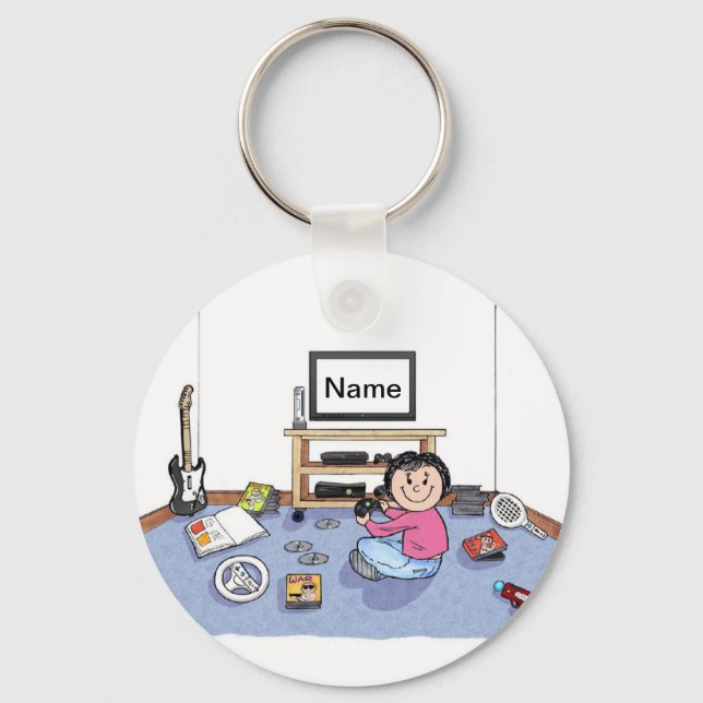 Personalised   Video Gamer - Female Cartoon Key Ring (Front)