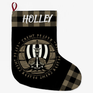 Personalised Viking Dragon Longship Sail Tan Black Large Christmas Stocking