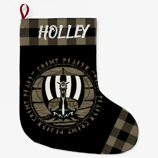 Personalised Viking Dragon Longship Sail Tan Black Large Christmas Stocking