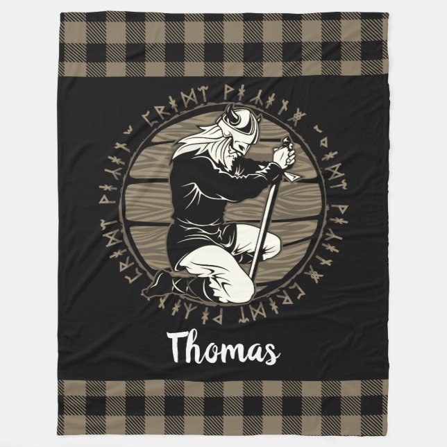 Personalised Viking Kneeling Prayer Rune Tan Black Fleece Blanket (Front)