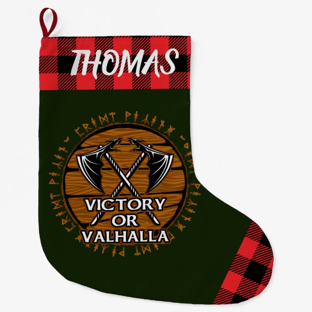 Personalised Viking Victory or Valhalla Red Plaid Large Christmas Stocking (Front)