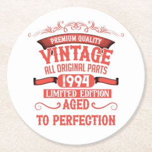 Personalised vintage 30th birthday gift red round paper coaster