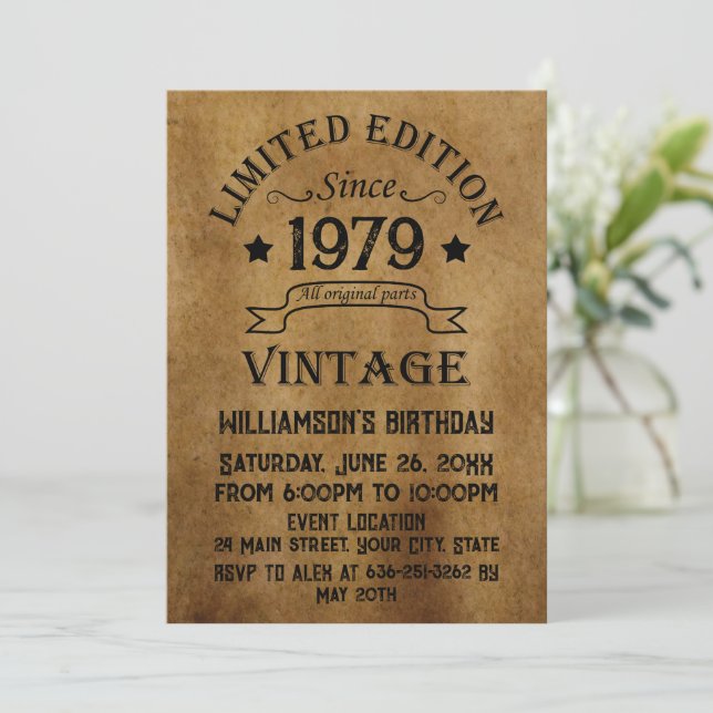 Personalised vintage 45th birthday party invitation (Standing Front)