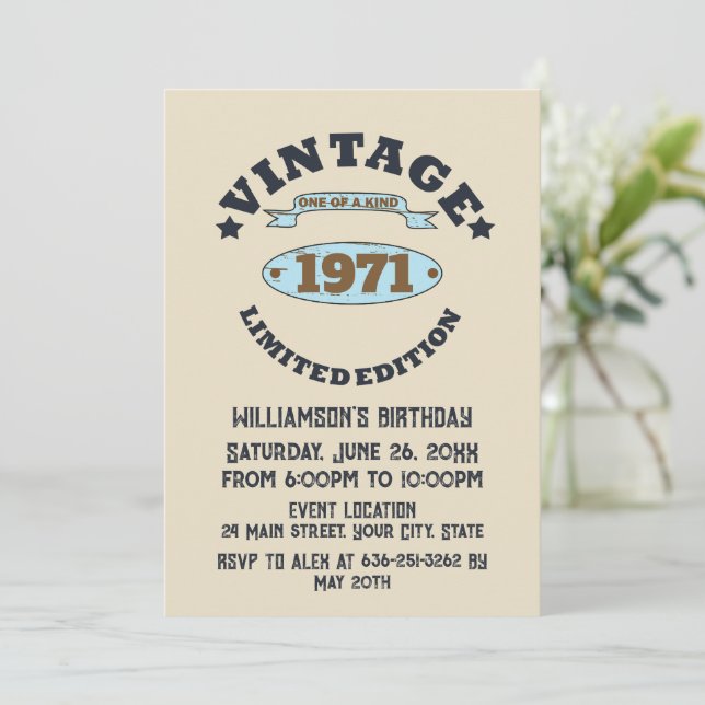 Personalised vintage 55th birthday party invitation (Standing Front)