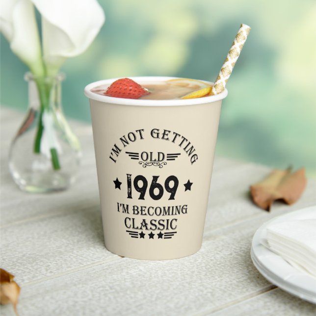 Personalised vintage 55th birthday party paper cups (Insitu)