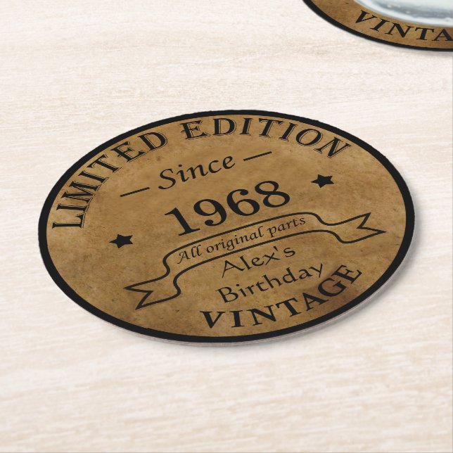 Personalised vintage 55th birthday party round paper coaster (Angled)