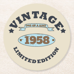 Personalised vintage 65th birthday gifts round paper coaster